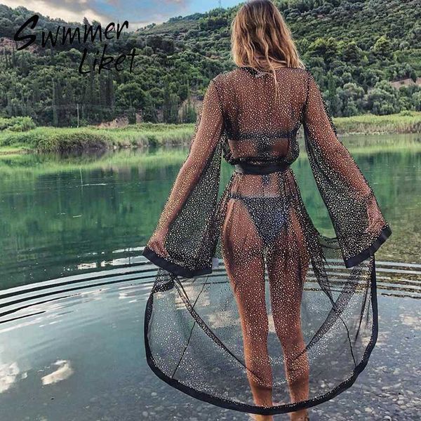 see through cover ups 2020 new long sleeve swimsuit cover ups female long beach wear dress women black mesh beach tunic bathers 
see through cover ups 2020 new long sleeve swimsuit cover ups female long beach wear dress women black mesh beach tunic bathers