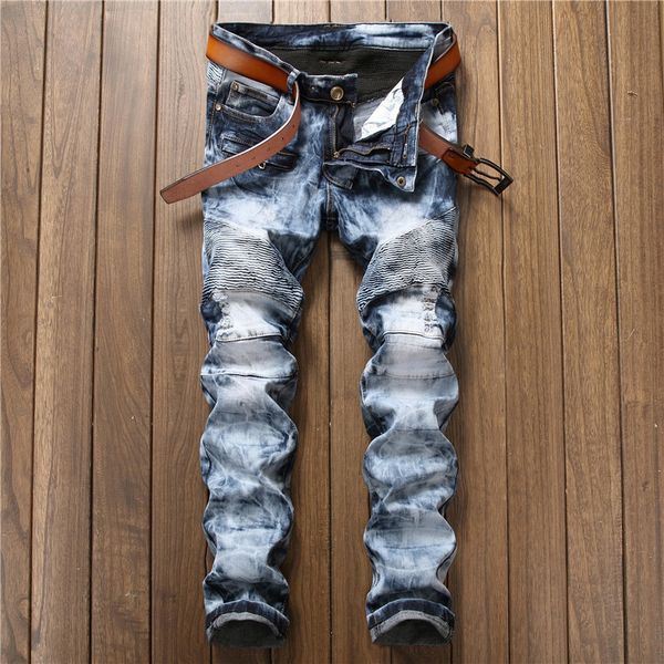 fashion brand men biker jeans pleated snow wash denim biker jeans straight leg slim casual destroyed ripped jeans for men, Blue
fashion brand men biker jeans pleated snow wash denim biker jeans straight leg slim casual destroyed ripped jeans for men, Blue