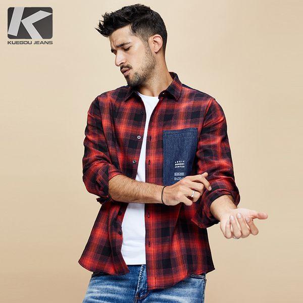 kuegou 2020 autumn 100% cotton plaid red shirt men dress button casual slim fit long sleeve for male brand blouse plus size 6987, White;black
kuegou 2020 autumn 100% cotton plaid red shirt men dress button casual slim fit long sleeve for male brand blouse plus size 6987, White;black