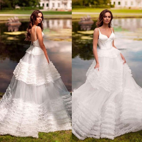 stylish bohemian backless beach wedding dresses spaghetti straps neck boho bridal gowns sweep train tulle ruffled vestidos de novia, White
stylish bohemian backless beach wedding dresses spaghetti straps neck boho bridal gowns sweep train tulle ruffled vestidos de novia, White