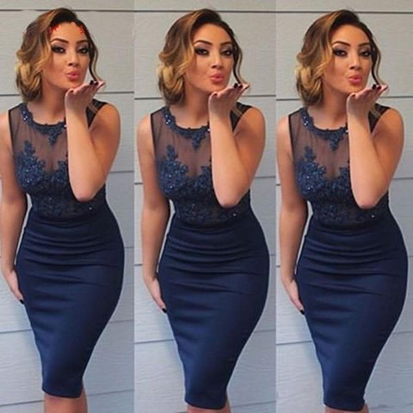 2019 new navy blue short knee length sheath cocktail party dresses sheer neck lace appliqe beaded myriam fares homecoming red carpet dresses, Black
2019 new navy blue short knee length sheath cocktail party dresses sheer neck lace appliqe beaded myriam fares homecoming red carpet dresses, Black