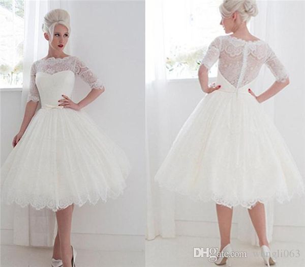 1950's style short wedding dresses bateau lace ribbon illusion back beach spring tea length bridal gowns lace with half sleeves, White
1950's style short wedding dresses bateau lace ribbon illusion back beach spring tea length bridal gowns lace with half sleeves, White