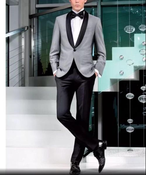 men's slim fit 2pcs wedding suits men formal tailored made groom suits grey jacket with black pants costume homme, White;black 
men's slim fit 2pcs wedding suits men formal tailored made groom suits grey jacket with black pants costume homme, White;black