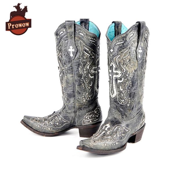 prowow women western cowboy half boots cow genuine leather handmade high heels cross motorcycle mid calf corral boots, Black
prowow women western cowboy half boots cow genuine leather handmade high heels cross motorcycle mid calf corral boots, Black