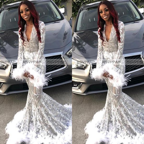 white mermaid long prom dresses 2020 african girl custom glitter silver sequin v-neck beaded feathers long sleeve prom gows, Black
white mermaid long prom dresses 2020 african girl custom glitter silver sequin v-neck beaded feathers long sleeve prom gows, Black