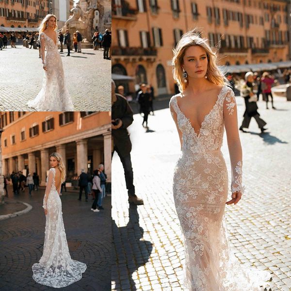 long sleeve berta wedding dresses deep v neck lace appliqued backless 2020 lace vestidos de novia sweep train mermaid wedding gowns, White
long sleeve berta wedding dresses deep v neck lace appliqued backless 2020 lace vestidos de novia sweep train mermaid wedding gowns, White