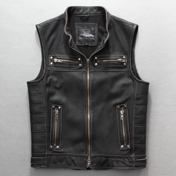 motorcycle men's rivet with sleeveless vintage slim fit genuine leather vest men pocket biker jacket for male, Black
motorcycle men's rivet with sleeveless vintage slim fit genuine leather vest men pocket biker jacket for male, Black