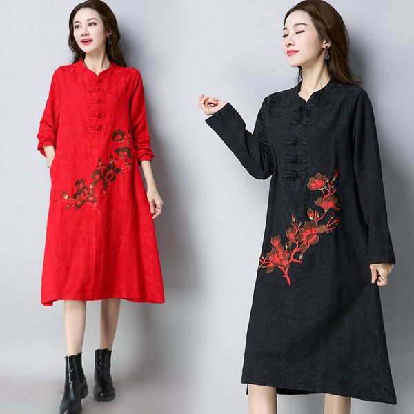 new style retro national wind large size loose-fit slimming frog embroidery long sleeve cotton linen jacquard dress, Black;gray
new style retro national wind large size loose-fit slimming frog embroidery long sleeve cotton linen jacquard dress, Black;gray