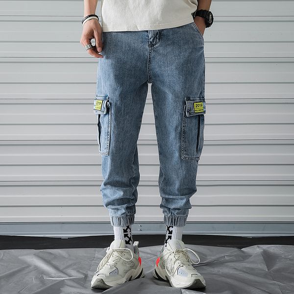 2019 spring new men's solid color pocket tooling net red student super fire couple loose casual nine points jeans, Blue
2019 spring new men's solid color pocket tooling net red student super fire couple loose casual nine points jeans, Blue