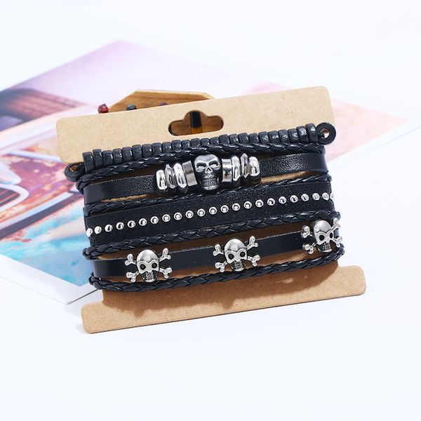 multilayer leather bracelet men skull wrap fashion braided wood bead bracelet punk rock men jewelry male gifts pulseras, Golden;silver 
multilayer leather bracelet men skull wrap fashion braided wood bead bracelet punk rock men jewelry male gifts pulseras, Golden;silver