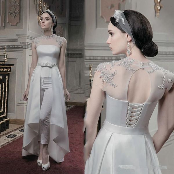 graceful lace chiffon wedding jumpsuit with train 2020 jewel neck short sleeve summer holiday beach princess bride reception pant suit, White
graceful lace chiffon wedding jumpsuit with train 2020 jewel neck short sleeve summer holiday beach princess bride reception pant suit, White