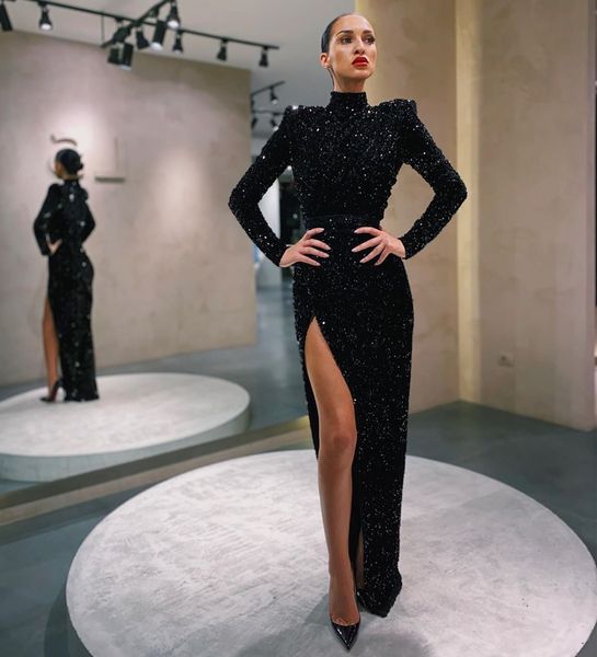 black sequined side split mermaid prom dresses high collar long sleeve ruched robes de soirée party dress
black sequined side split mermaid prom dresses high collar long sleeve ruched robes de soirée party dress