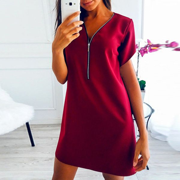 zipper v neck short sleeve solid dress loose straight fashion elegant feminina vestidos casual women summer dress, Black;gray 
zipper v neck short sleeve solid dress loose straight fashion elegant feminina vestidos casual women summer dress, Black;gray