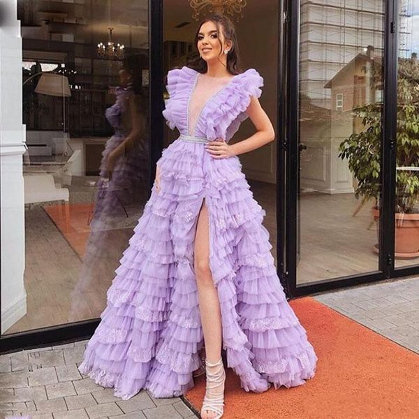 lilac high side split prom dresses sheer neck tier cake skirt tutu evening dress layer tulle robe de soiree arabic sell, Black 
lilac high side split prom dresses sheer neck tier cake skirt tutu evening dress layer tulle robe de soiree arabic sell, Black