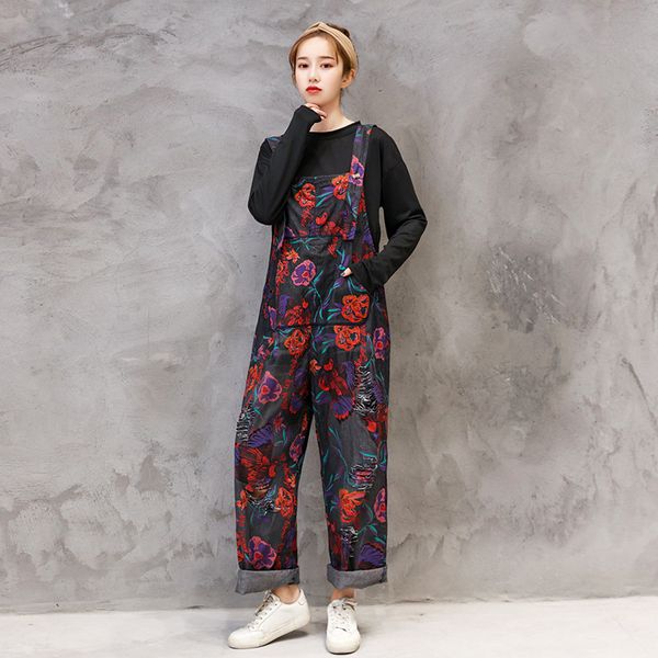 march autumn new style retro loose-fit with holes retro large size jeans printed suspender pants, Black
march autumn new style retro loose-fit with holes retro large size jeans printed suspender pants, Black