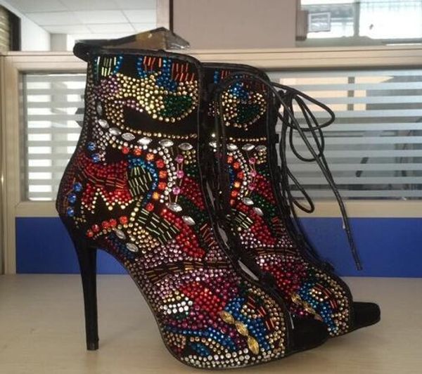 colorful rhinestone crystal ankle boot lace uup open toe lady short boot shoes, Black
colorful rhinestone crystal ankle boot lace uup open toe lady short boot shoes, Black