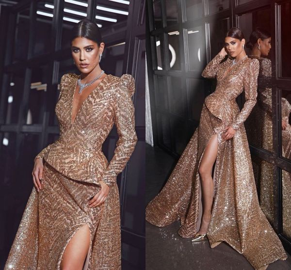 sparkly champagne deep v neck sequined formal evening dresses 2019 long sleeves high split prom gowns red carpet celebrity pageant gowns, Black;red
sparkly champagne deep v neck sequined formal evening dresses 2019 long sleeves high split prom gowns red carpet celebrity pageant gowns, Black;red