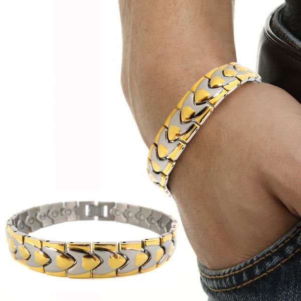 stainless steel magnetic bracelet 2 tone titanium steel magnetic therapy bracelet health care bracelet w/ magnet 2000 gauss, Golden;silver