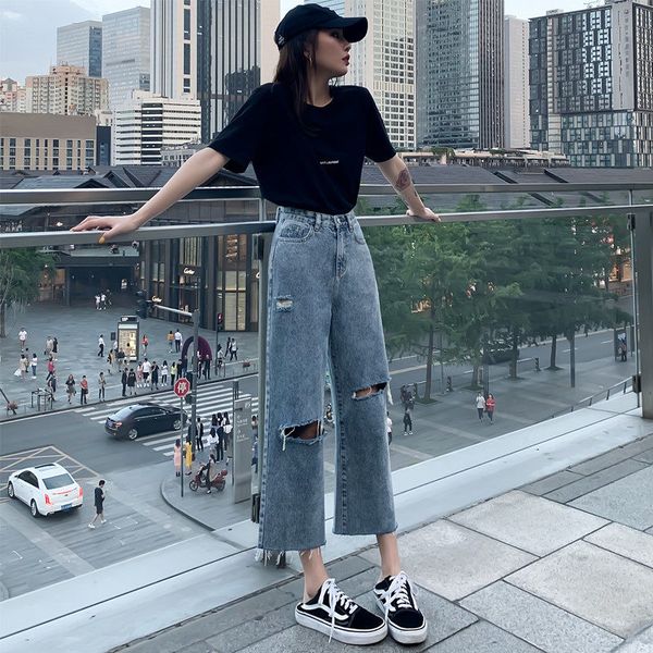 spring and summer new korean-style ripped jeans women's loose capri all-match straight-leg pants high waist slim wide, Blue
spring and summer new korean-style ripped jeans women's loose capri all-match straight-leg pants high waist slim wide, Blue