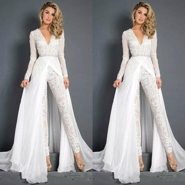 2020 new lace chiffon wedding dresses jumpsuits with overskirt modest v neck long sleeve beaded belt beach casual jumpsuit bridal gowns 2837, White
2020 new lace chiffon wedding dresses jumpsuits with overskirt modest v neck long sleeve beaded belt beach casual jumpsuit bridal gowns 2837, White