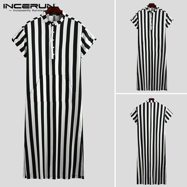 man short sleeve stand collar muslim kaftan robes summer men striped long shirts vintage long clothing incerun, White;black
man short sleeve stand collar muslim kaftan robes summer men striped long shirts vintage long clothing incerun, White;black