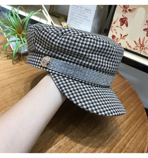 01910-jinri123 classic houndstooth rhinestone ribbon visors cap men women leisure hat, Blue;gray
01910-jinri123 classic houndstooth rhinestone ribbon visors cap men women leisure hat, Blue;gray