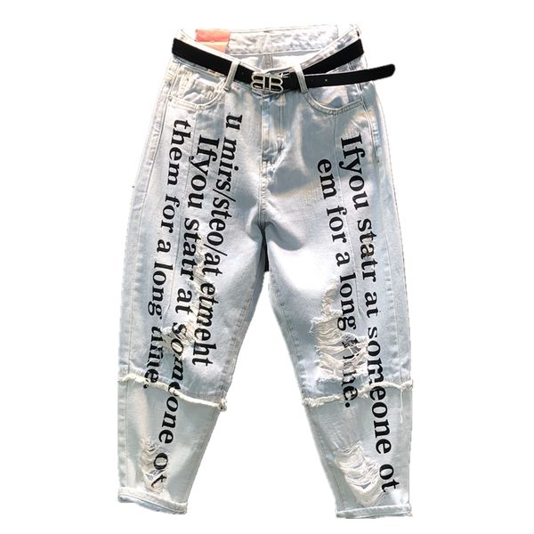 hole jeans women 2019 summer new fashion letter printing loose ankle length harem pants, Blue
hole jeans women 2019 summer new fashion letter printing loose ankle length harem pants, Blue