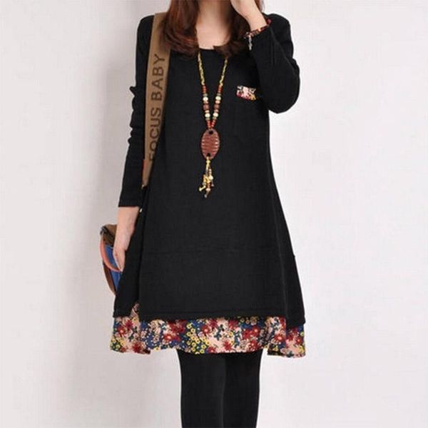 women spring dress round collar long sleeve floral print patchwork clothes casual a-line dresses, Black;gray
women spring dress round collar long sleeve floral print patchwork clothes casual a-line dresses, Black;gray