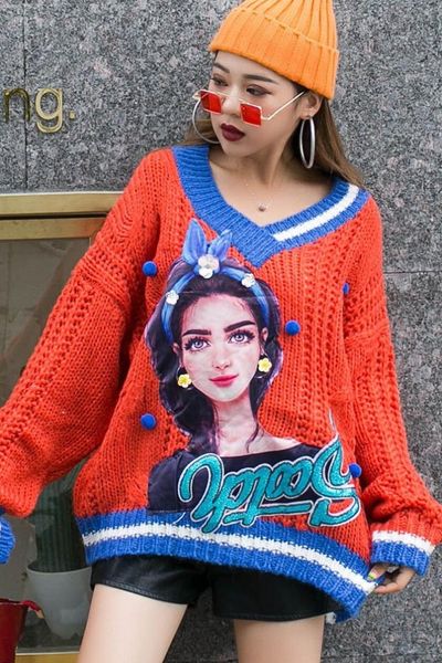2019 autumn and winter new high street sweater fashion v-neck pullover sweater female loose cartoon irregular knitting, White;black
2019 autumn and winter new high street sweater fashion v-neck pullover sweater female loose cartoon irregular knitting, White;black