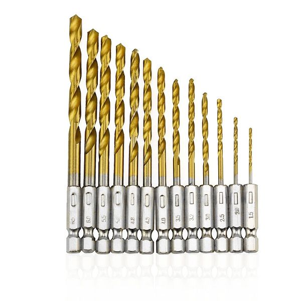 13pcs/set hss titanium coated drill bits high speed steel drill bit set 1/4 hex shank power drilling tool for wood 1.5-6.5mm
13pcs/set hss titanium coated drill bits high speed steel drill bit set 1/4 hex shank power drilling tool for wood 1.5-6.5mm
