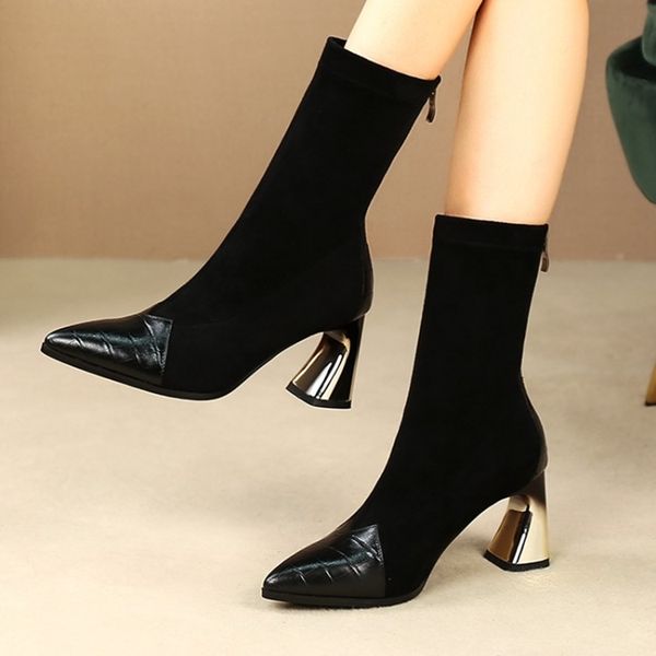 mljuese 2020 women mid-calf boots cow leather zippers pointed toe winter short plush high heels women socks boots size 42, Black
mljuese 2020 women mid-calf boots cow leather zippers pointed toe winter short plush high heels women socks boots size 42, Black