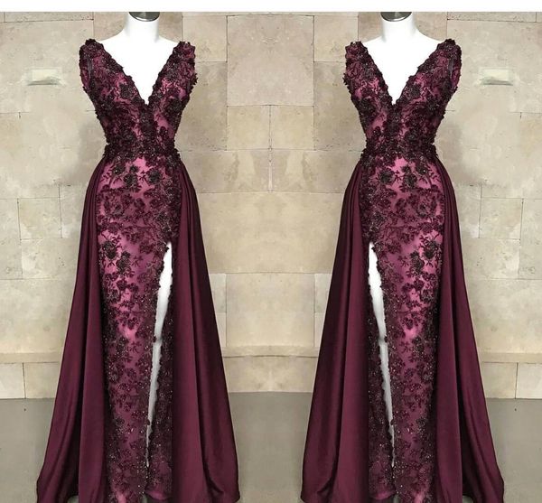 2019 new burgundy deep v neck mermaid prom dresses sleeveless lace appliques beaded side split evening gowns with detachable overskirt, Black
2019 new burgundy deep v neck mermaid prom dresses sleeveless lace appliques beaded side split evening gowns with detachable overskirt, Black