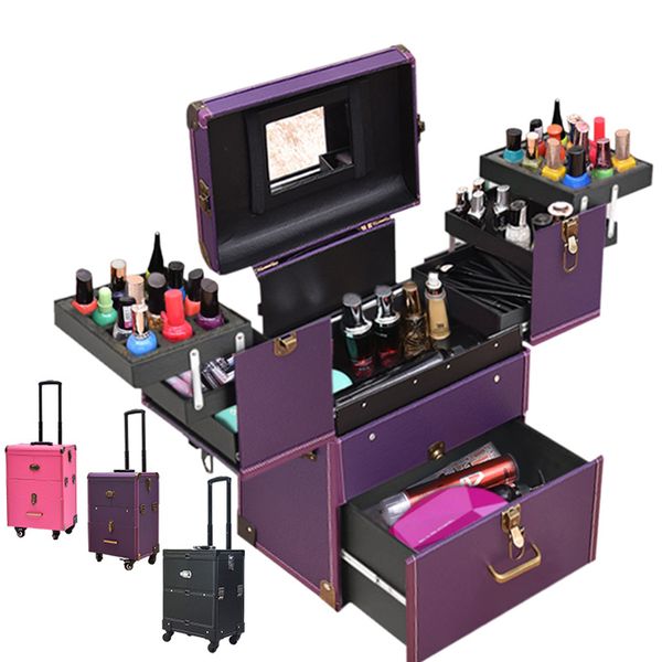 

women new trolley cosmetic box suitcase on wheels,nails makeup toolbox, multifunction beauty box travel bag vs rolling luggage