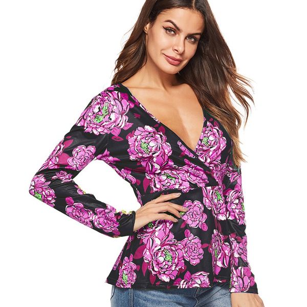 ladies deep v-neck long sleeve floral female slim t-shirt women costume new, White 
ladies deep v-neck long sleeve floral female slim t-shirt women costume new, White