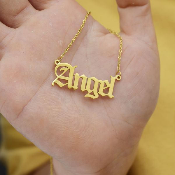 old english font personalised name necklace stainless steel letter pendants angle necklace jewelry for women, Silver
old english font personalised name necklace stainless steel letter pendants angle necklace jewelry for women, Silver
