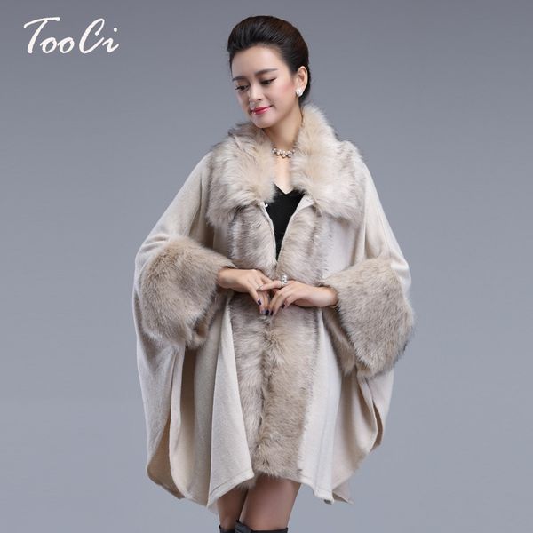 

autumn winter women's long luxury cardigans fake fox fur collar cashmere sweaters shawl knitted cardigan poncho cape, Black