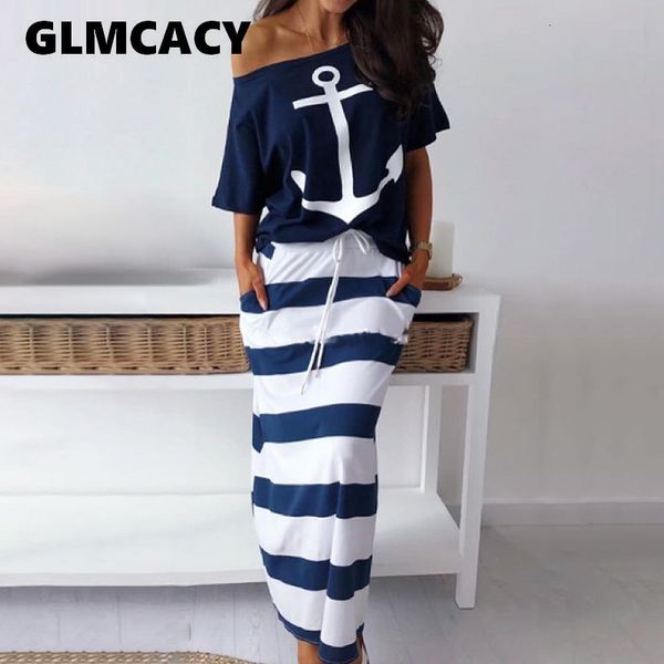 women two piece sets boat anchor print t-shirt & striped skirt sets casual ankle-length fashion off shoulder maxi striped skirt y190923, Black;white
women two piece sets boat anchor print t-shirt & striped skirt sets casual ankle-length fashion off shoulder maxi striped skirt y190923, Black;white