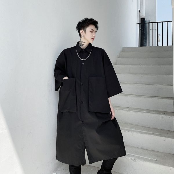 new male women retro fashion long style dress shirt men large pocket loose short sleeve japan karajuku streetwear shirt, White;black
new male women retro fashion long style dress shirt men large pocket loose short sleeve japan karajuku streetwear shirt, White;black