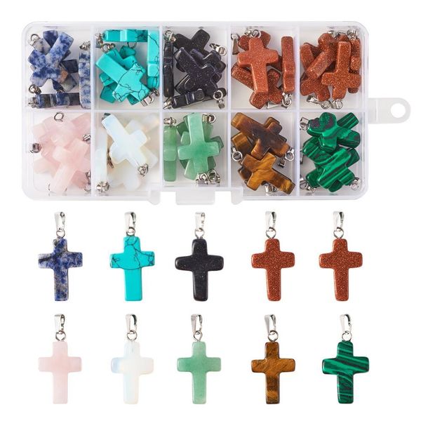 50pcs/box 26x15x4mm dyed natural/synthetic gemstone cross pendants charms with brass pinch bails,hole:3x6mm f85, Silver