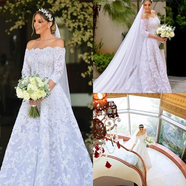 wedding dresses off shoulder lace appliqued long sleeves sweep train lace bridal gown custom made robes de mariée, White
wedding dresses off shoulder lace appliqued long sleeves sweep train lace bridal gown custom made robes de mariée, White