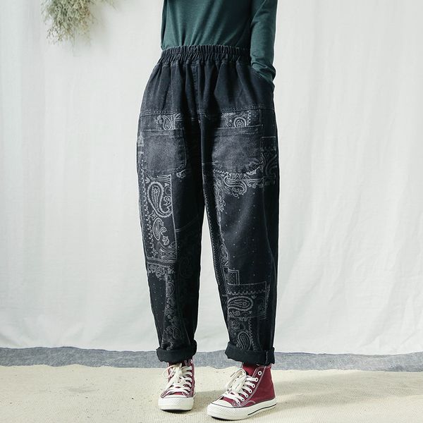 retro ethnic printing high elastic waist jeans woman literary pocket casual harem pants female loose black denim trousers 2020, Blue
retro ethnic printing high elastic waist jeans woman literary pocket casual harem pants female loose black denim trousers 2020, Blue
