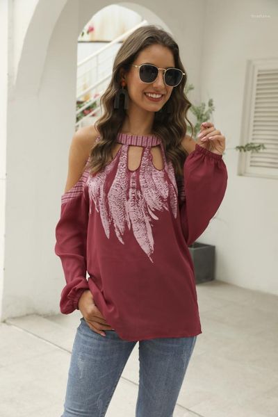 feather print blouses contrast color designer womens clothing long sleeve halter hollow out ladies shirts fashion female, White 
feather print blouses contrast color designer womens clothing long sleeve halter hollow out ladies shirts fashion female, White