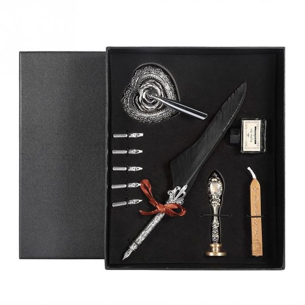 european retro quill alloy feather writing dip pen with pen nibs gift box set with ink bottle-black
european retro quill alloy feather writing dip pen with pen nibs gift box set with ink bottle-black