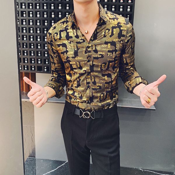 men's british slim long sleeve shirt spring new english letters gold glossy shirt nightclub stage performance, White;black
men's british slim long sleeve shirt spring new english letters gold glossy shirt nightclub stage performance, White;black