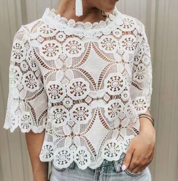 2019 spring and summer new shirt lace short-sleeved shirt hollow shirt, White
2019 spring and summer new shirt lace short-sleeved shirt hollow shirt, White