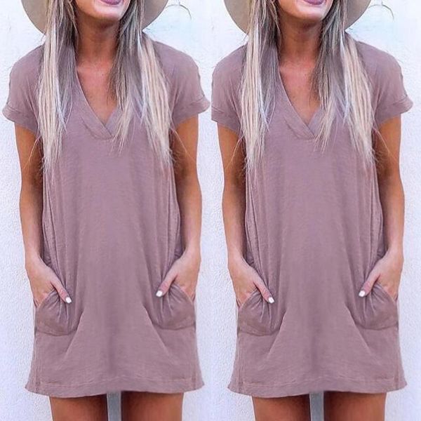 summer mujer fashion party elegant dress 2020 women's v neck short sleeve solid casual loose summer dress two side pockets, Black;gray
summer mujer fashion party elegant dress 2020 women's v neck short sleeve solid casual loose summer dress two side pockets, Black;gray