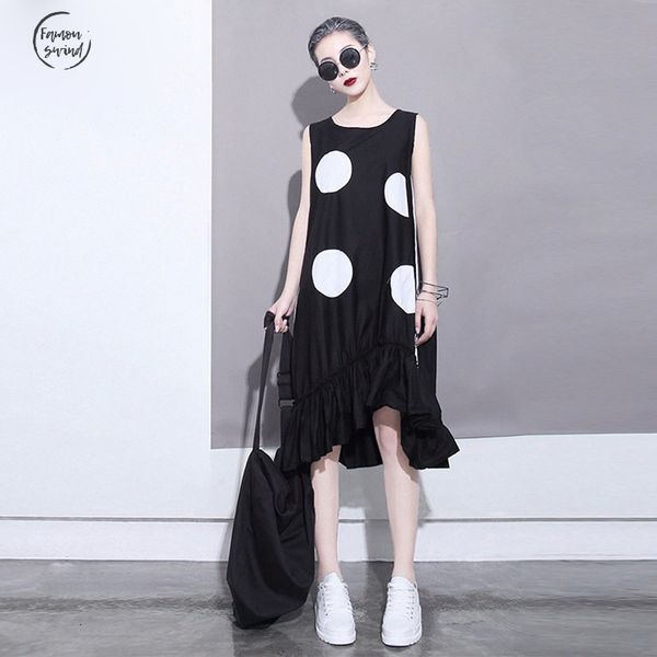 new dress 2019 summer women black sun straight dots patches sleeveless ruffles hem large sundress lady cute midi tank 1193, Black;gray
new dress 2019 summer women black sun straight dots patches sleeveless ruffles hem large sundress lady cute midi tank 1193, Black;gray