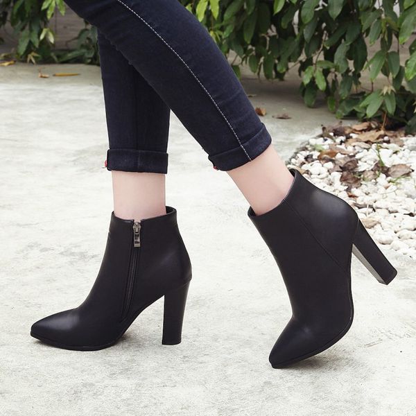 big size boots women shoes ankle boots for women ladies shoes woman winter side zipper plain leather finish, Black