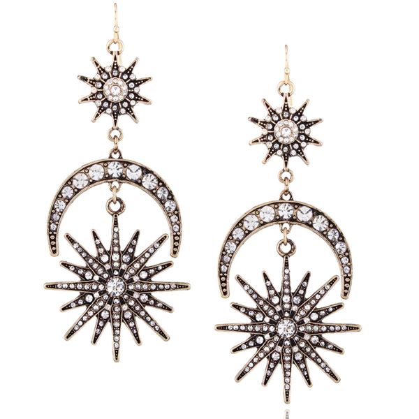 crystal rhinestone star moon dangle earrings, Golden 
crystal rhinestone star moon dangle earrings, Golden