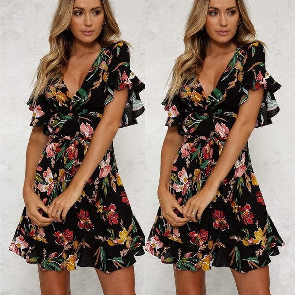 women boho short summer dress evening party floral printed ruffles dresses beach v-neck mini dresses sundress vestidos, Black;gray
women boho short summer dress evening party floral printed ruffles dresses beach v-neck mini dresses sundress vestidos, Black;gray